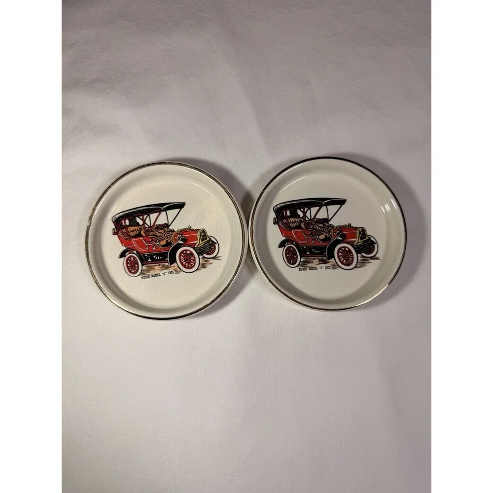 Vintage Buick Model C 1905 Ceramic Coasters Cork Back Gold Rim Set of 2 Red Car